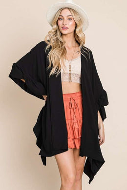 Black Wide Sleeves Ruffle Kimono Cardigan