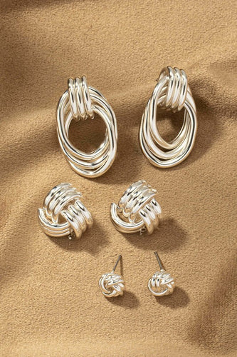 Premium Silver Trio Metal Knot and Hoop Earrings