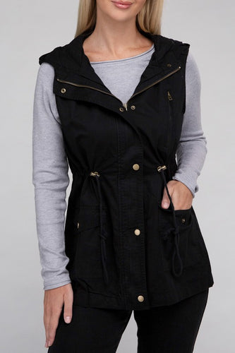 Black Drawstring Waist Military Style Hoodie Vest