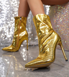 Metallic Gold Stone Pattern Leather Ankle Boots