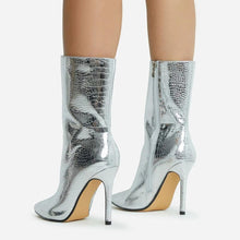 Load image into Gallery viewer, Metallic Silver Stone Pattern Leather Ankle Boots