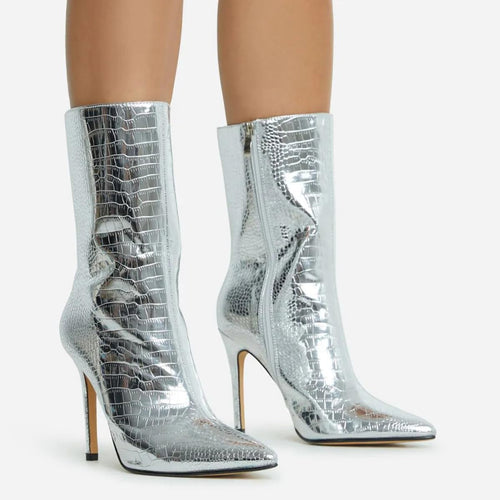 Metallic Silver Stone Pattern Leather Ankle Boots