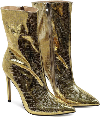 Metallic Gold Stone Pattern Leather Ankle Boots