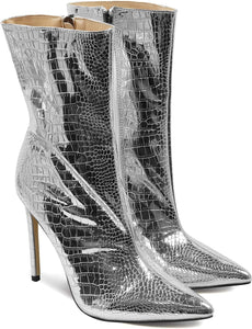 Metallic Silver Stone Pattern Leather Ankle Boots