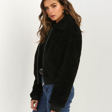 Fashionable Black Warm Fleece Fur Bomber Jacket
