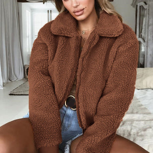 Fashionable Light Brown Warm Fleece Fur Bomber Jacket