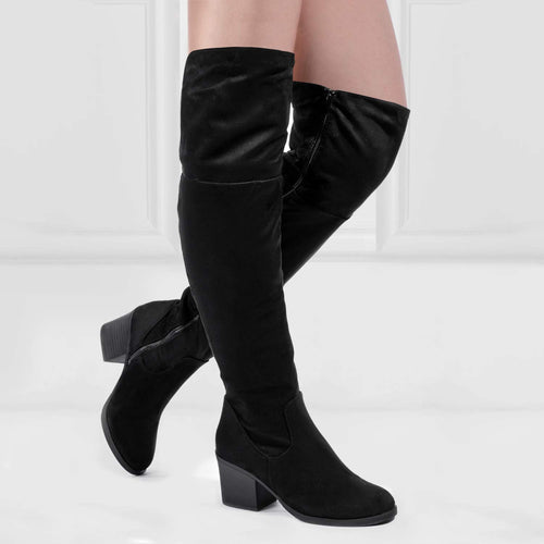 Suede Black Stacked Zippered Over the Knee Boots