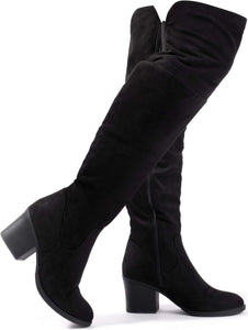 Suede Black Stacked Zippered Over the Knee Boots
