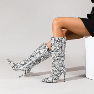 Snakeskin Leather Fashion Stiletto Knee High Boots