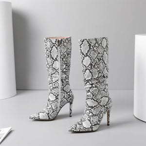 Snakeskin Leather Fashion Stiletto Knee High Boots