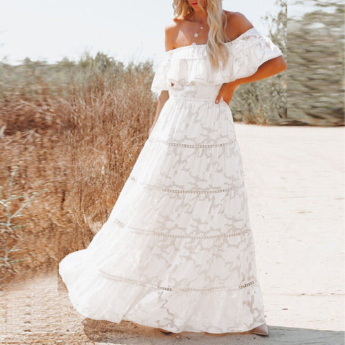 Milan White Lace Ruffled Off Shoulder Maxi Dress