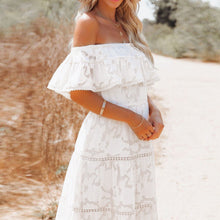 Load image into Gallery viewer, Milan White Lace Ruffled Off Shoulder Maxi Dress