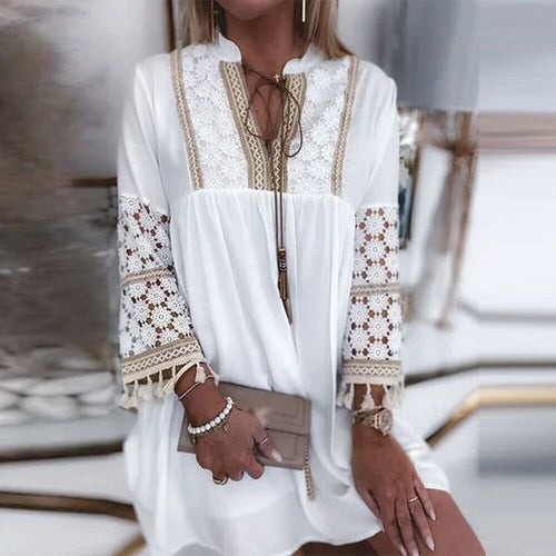 Crochet White Fringe Lace Long Sleeve Mini Dress