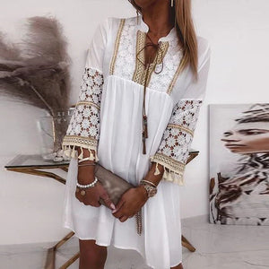 Crochet White Fringe Lace Long Sleeve Mini Dress
