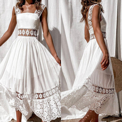 Boho White Crochet White Sleeveless Maxi Dress