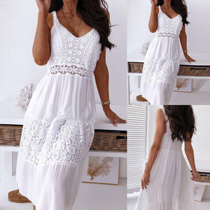 Pretty Cotton White Linen Lace Sleeveless Dress