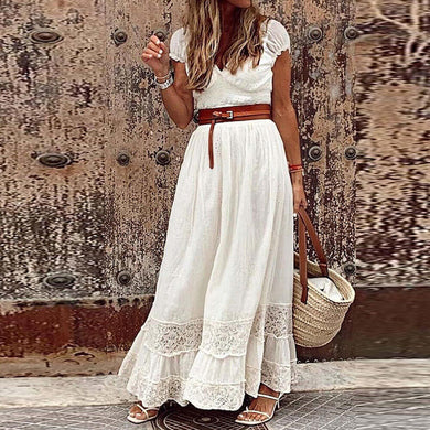 Country Floral White Lace Crochet Short Sleeve Mini Dress