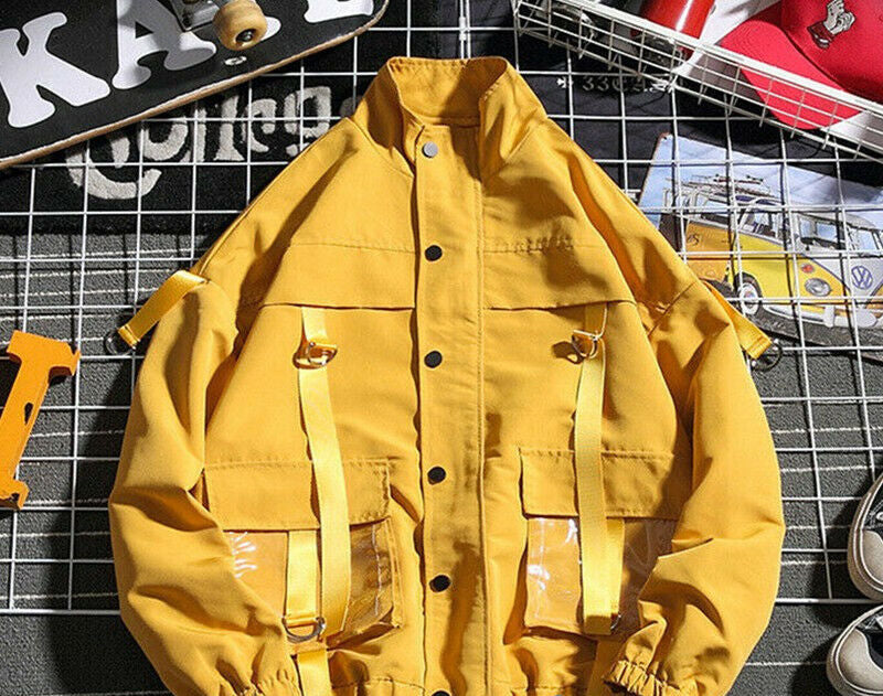 Men's Yellow Cargo Style Hooded Bomber Jacket