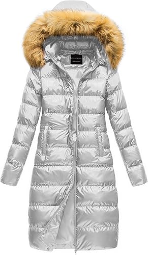 Metallic Silver Faux Fur Long Length Puffer Coat