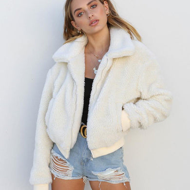 Fashionable White Warm Fleece Fur Bomber Jacket