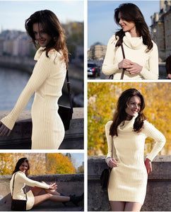 Cowl Neck Beige Ribbed Knit Long Sleeve Sweater Dress