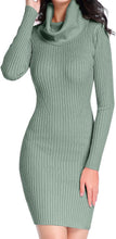 Load image into Gallery viewer, Cowl Neck Beige Ribbed Knit Long Sleeve Sweater Dress