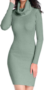 Cowl Neck Beige Ribbed Knit Long Sleeve Sweater Dress