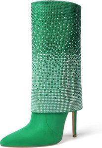 Stiletto Glitter Green Sequin Rhinestone Mid Calf Boots