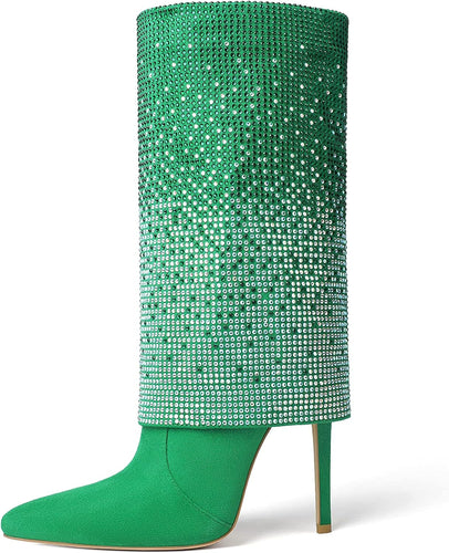 Stiletto Glitter Green Sequin Rhinestone Mid Calf Boots