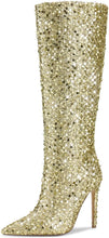 Load image into Gallery viewer, Gold Sequin Sparkle Glitter Stiletto Boots