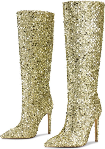 Gold Sequin Sparkle Glitter Stiletto Boots