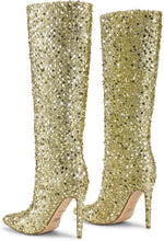 Load image into Gallery viewer, Gold Sequin Sparkle Glitter Stiletto Boots