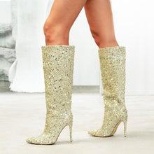 Load image into Gallery viewer, Gold Sequin Sparkle Glitter Stiletto Boots