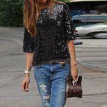 Load image into Gallery viewer, Sparkling Black Sequin Short Sleeve Top