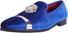 Load image into Gallery viewer, Men&#39;s Blue Dress Fashion Velvet Loafers w/Gold Detail