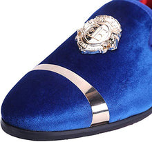 Load image into Gallery viewer, Men&#39;s Blue Dress Fashion Velvet Loafers w/Gold Detail