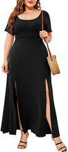 Load image into Gallery viewer, Women&#39;s Plus Size Long-Sleeved Deep V-Neck Front Split Black Maxi Dress
