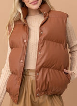 Load image into Gallery viewer, High Neck Camel Vegan Leather Puffer Jacket Vest