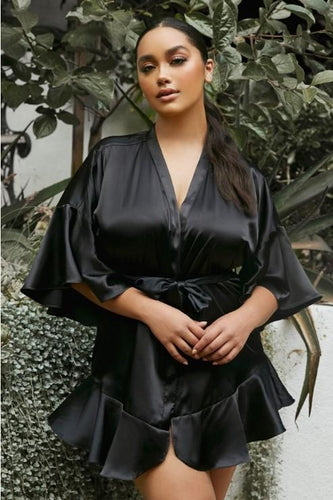 Soft Satin Flirty Ruffled Black Robe