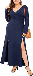 Women's Plus Size Long-Sleeved Deep V-Neck Front Split Black Maxi Dress