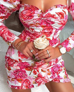 Couture Floral Red & White Long Sleeve Mini Dress