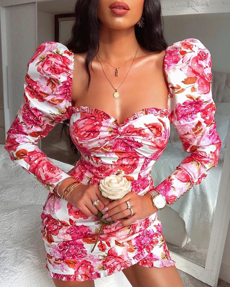 Couture Floral Red & White Long Sleeve Mini Dress