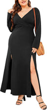 Load image into Gallery viewer, Women&#39;s Plus Size Long-Sleeved Deep V-Neck Front Split Black Maxi Dress
