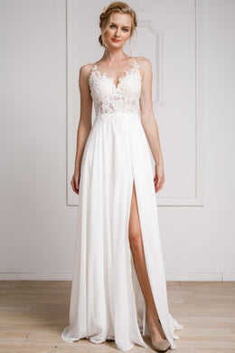 Ivory White Embroidered Lace Chiffon Split Gown