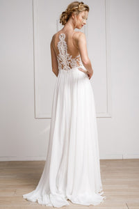 Ivory White Embroidered Lace Chiffon Split Gown