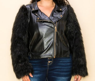 Plus Size Black Leather Fur Sleeve Women's Jacket