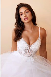 V-Neck Illusion Off White Layered Tulle A-Line Bridal Gown
