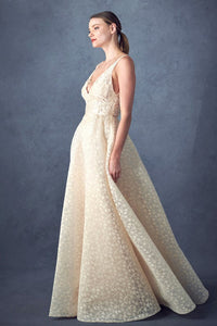 Beautiful Champagne V-Neck Sleeveless Floral Lace Embroidery Gown