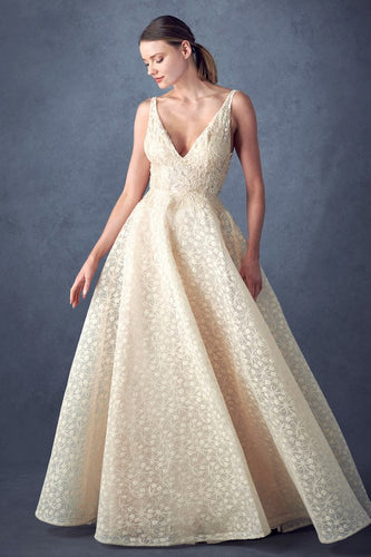 Beautiful Champagne V-Neck Sleeveless Floral Lace Embroidery Gown