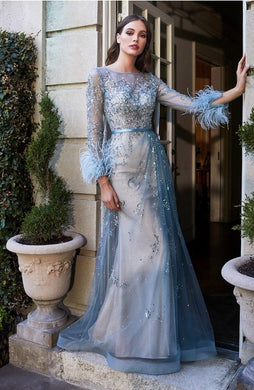 Shiny Glitter Sea Mist Lace Embroidered Long Sleeve Gown